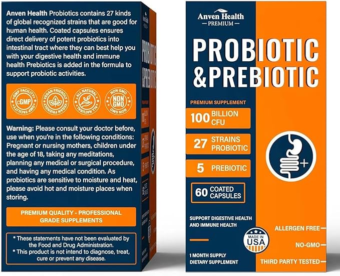 100 Billion Probiotics for Men and Women 27 Strains 5 Organic Prebiotics for Gut Digestive & Immune Health, Supports Diarrhea Gas Bloating, Non-GMO, Zero Fillers – Made in USA丨180 Caps