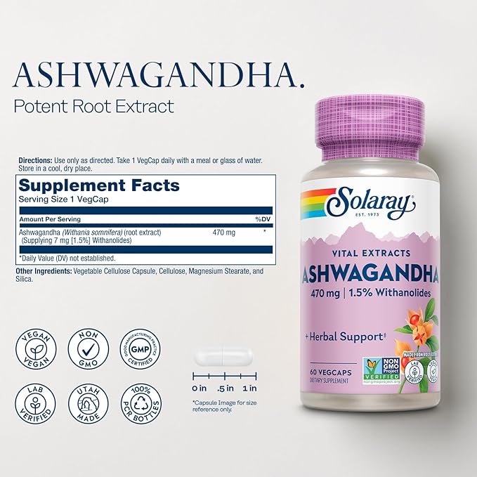 SOLARAY Vital Extracts Ashwagandha 470mg - Powerful Adaptogen - Ashwagandha Supplements w/ 7mg Withanolides, Wellness Support, Vegan, Non-GMO, Lab Verified, 60-Day Guarantee, 60 Servings, 60 VegCaps
