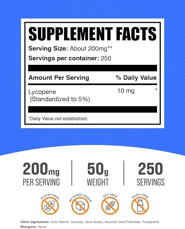 BulkSupplements.com Lycopene Powder - Lycopene Supplement, Lycopene 10mg - Antioxidants Supplement, Gluten Free, 200mg per Serving, 50g (1.8 oz) (Pack of 1)