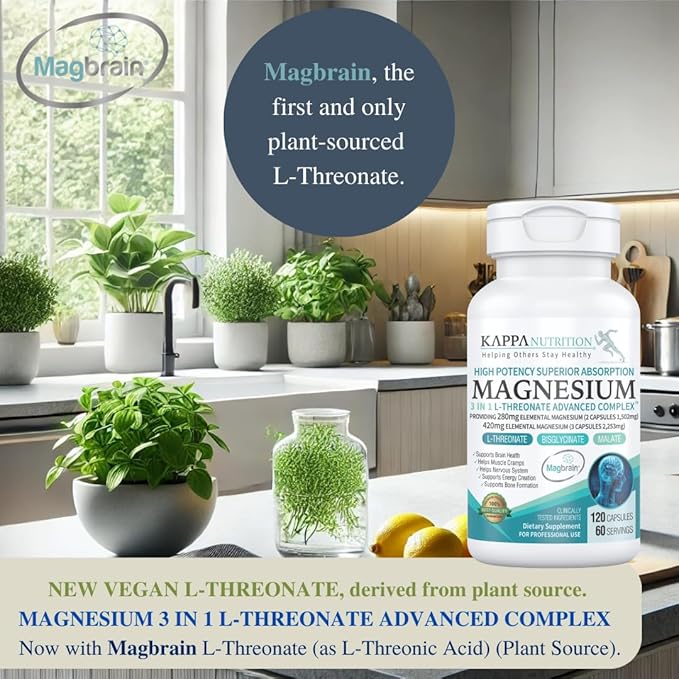 Kappa Nutrition Magbrain™ Magnesium L-Threonate Plant-Based, 420mg Elemental Magnesium (3 Capsules) from 2,253mg, 120 Vegan Capsules, Brain, Sleep & Muscle Support.