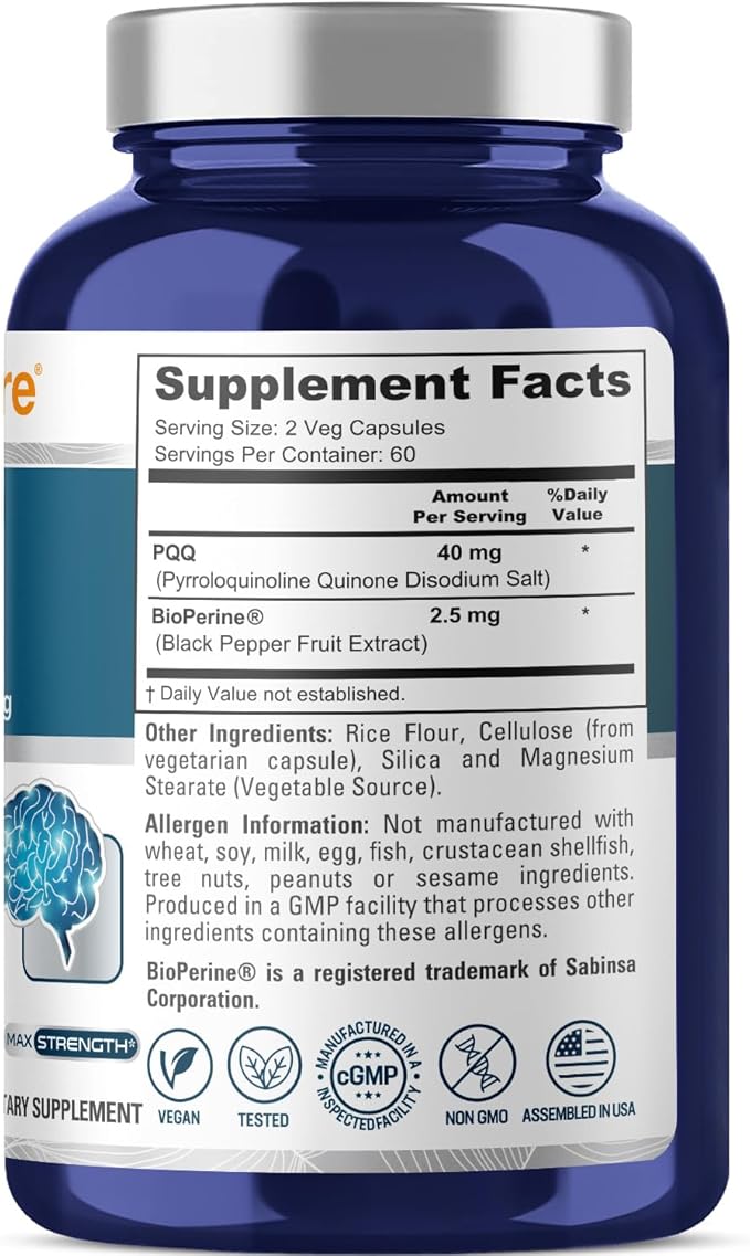NusaPure PQQ Supplement 40 mg, 120 Veggie Capsules, Non-GMO, Pyrroloquinoline Quinone Disodium Salt, Bioperine
