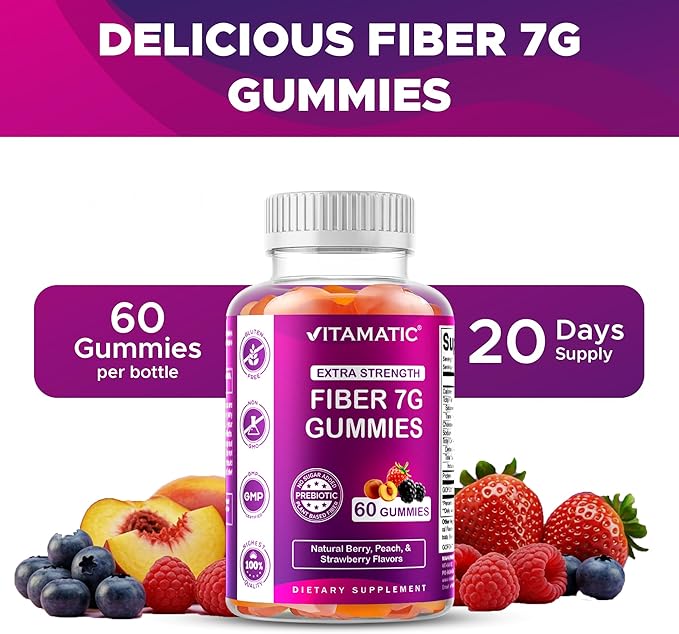 Vitamatic Prebiotic Fiber Gummies for Adults – 2 Pack (Total 120 Gummies) 7g Fiber per Serving | Extra Strength | Zero Sugar Added | Pectin-Based | Digestive Health & Regularity Support