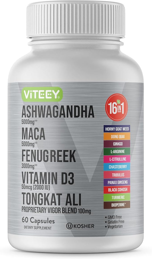 Viteey Ashwagandha Maca Fenugreek Supplement with Tongkat Ali – Drive, Passion & Energy Support for Men & Women – Mood, Calm & Stress Support - 60 Capsules
