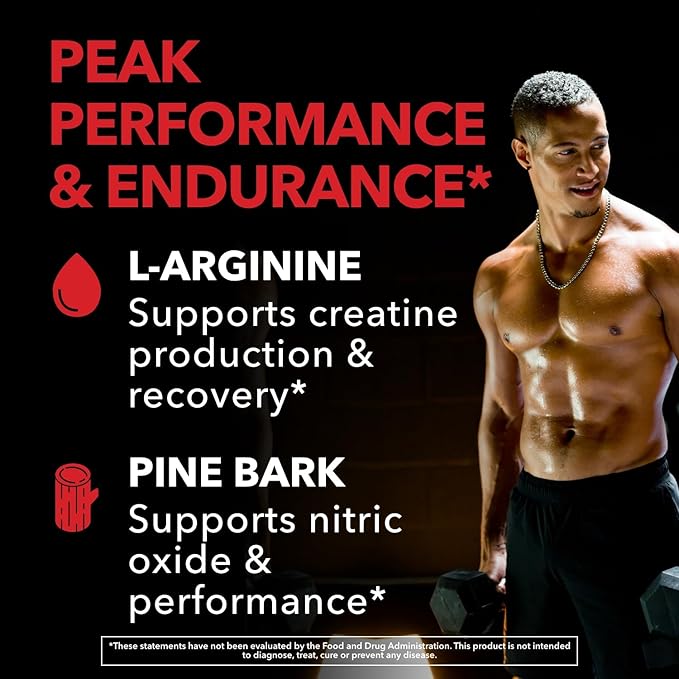 L-Arginine 1800mg and Pine Bark Extract 100mg - Nitric Oxide Supplement for Men - Performance Supplement for Men's Health - 90 Count - Endurance, Recovery Support - Vegan, Non-GMO Capsules