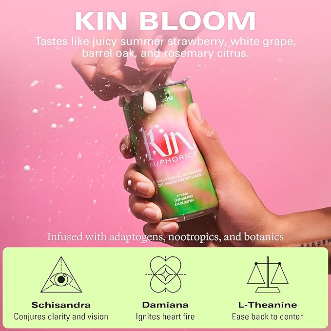 Kin Euphorics Kin Bloom Non-Alcoholic Functional Beverage | All day rosé | Elevate Your Mind & Spirit | Prebiotic | Strawberry, White Grape, Oak, Rosemary Citrus | 8 Fl Oz (24pk)