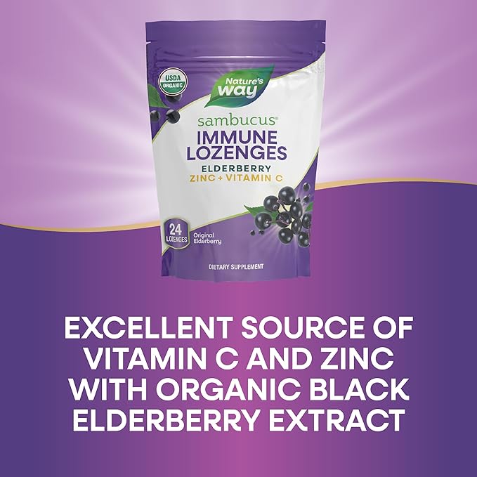 Nature's Way Sambucus Immune Lozenges, Zinc + Vitamin C, Black Elderberry Extract, USDA Certified Organic, Original Berry Flavored, 24 Lozenges (Packaging May Vary) - 3 Pack