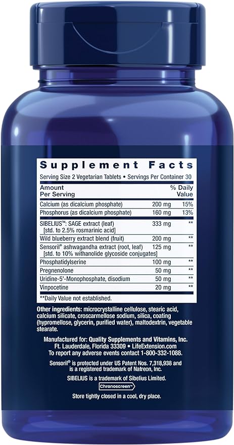 Life Extension Cognitex Elite Pregnenolone- Brain Health Supplement for Memory, Focus & Cognition- Formula with Phosphatidylserine, Ashwagandha & SAGE Extract, Calcium + More- 60 Vegetarian Tablets
