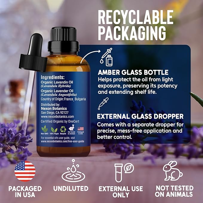 Organic Lavender Essential Oil 30 ml - Pure, Natural Oils for Aromatherapy, Diffusers, DIY, Candle and Soap Making Scent - Nexon Botanics