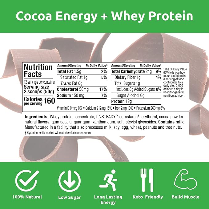 UCAN Energy + Whey Protein Powder - 19g Per Serving with Amino Acids EAAs & BCCAs - Keto Protein Powder - No Added Sugar, Gluten-Free - Cocoa - 12 Servings
