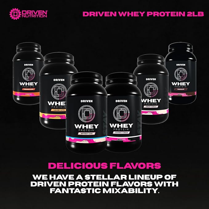 Driven WHEY- Whey Protein Powder: Delicious, Clean Protein Shake- Improve Muscle Recovery with 23 Grams of Protein with Added BCAA and Digestive Enzymes (2lb, Birthday Cake)