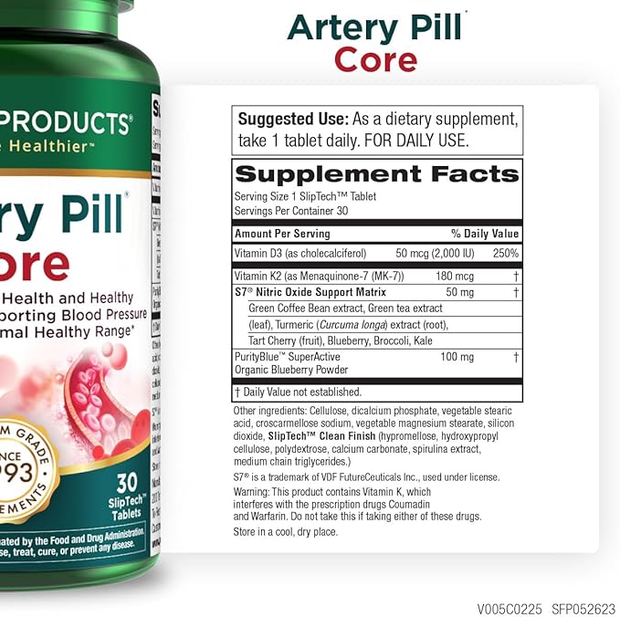 Purity Products Artery Pill Core from MK-7 Vitamin K2, Plant-Based S7 Nitric Oxide Booster, Vitamin D3, Organic Blueberries - Promotes Arterial Health & Cardiovascular Function - 30 Count