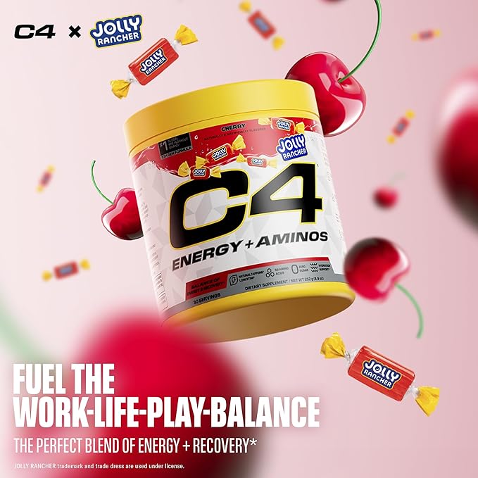 Cellucor C4 Energy + Aminos Powder | Jolly Rancher Cherry | 5g BCAAs & EAAs for Muscle Recovery, 3 Electrolytes for Hydration, 100mg Natural Caffeine | Pre Workout | Zero Sugar, 30 Servings