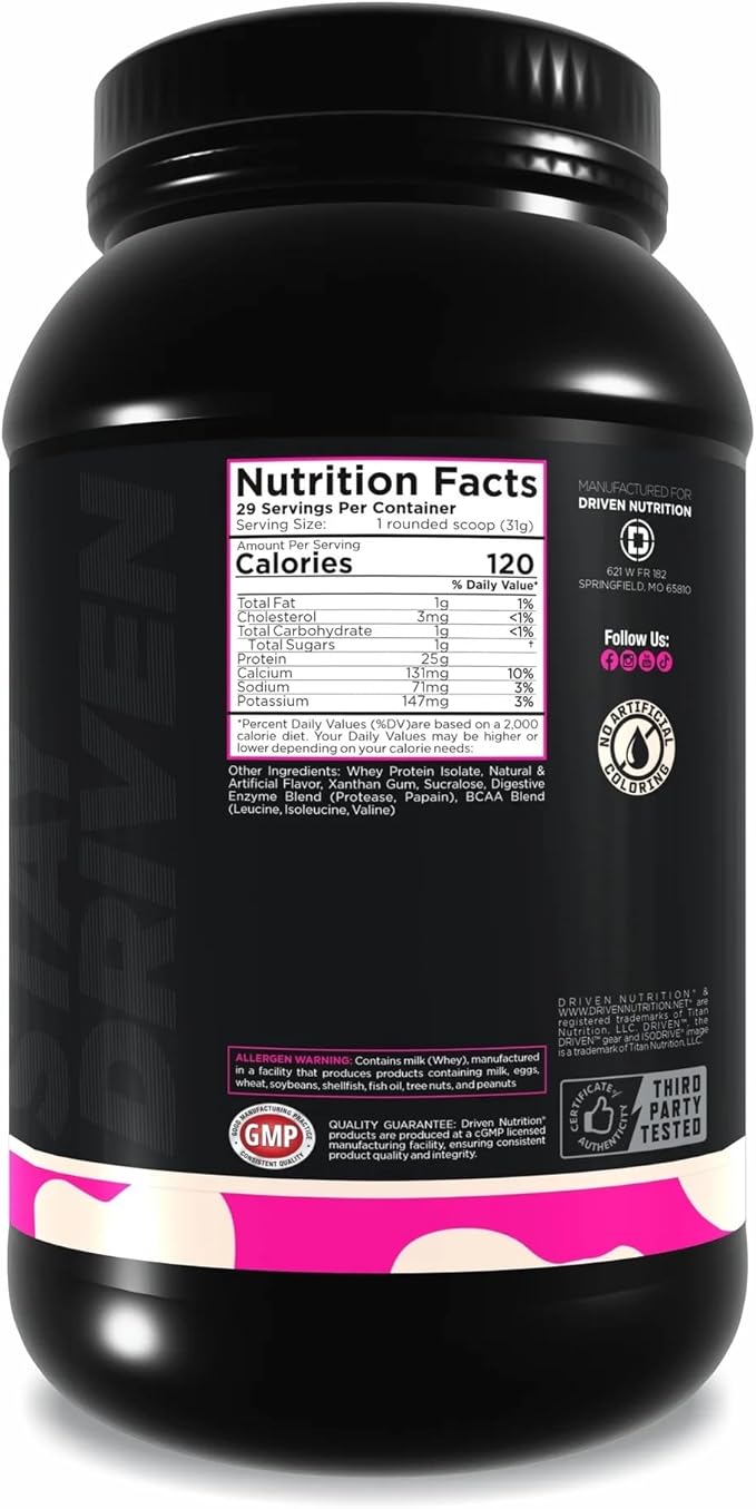 Driven Nutrition IsoDrive Whey Isolate Protein Powder 2lb (Vanilla) – 25g Protein, Enzyme Enhanced for Absorption, Ultra Clean