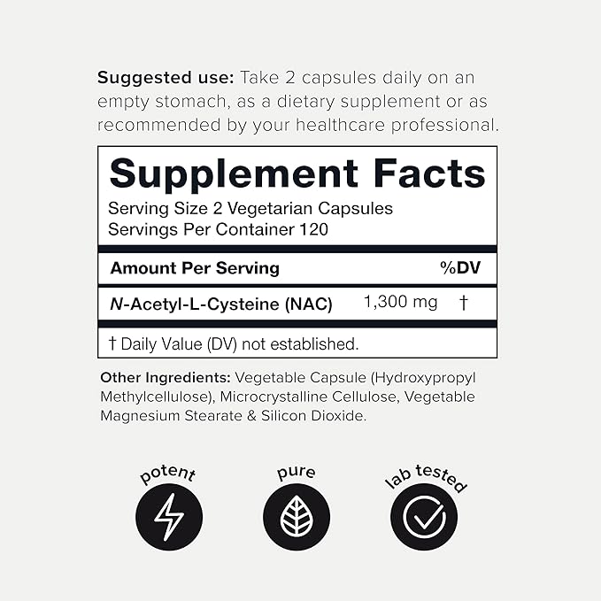 Toniiq 1300mg NAC - 4 Month Supply - Min. 98%+ Tested Purity - Ultra High Strength Bioavailable NAC Cysteine Supplement - 240 Vegetarian N Acetyl Cysteine Capsules -Lab Tested TQ