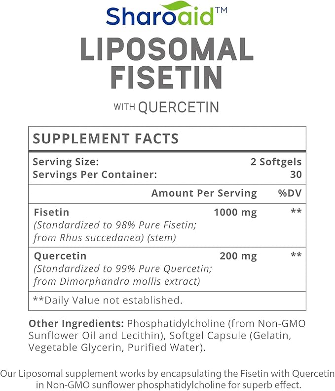Liposomal Fisetin with Quercetin Supplements 1200 mg per Serving,High Absorption Polyphenols Antioxidants for Women,Men,Non-GMO,Gluten-Free,6 Bottle-360 Softgels