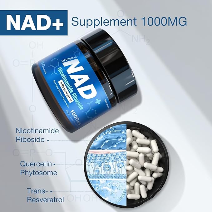 NAD Supplement - NAD Nicotinamide Riboside Resveratrol, Liposomal NAD+ Supplement 1000mg for for Women & Men - Healthy Aging, Brain and Cellular Energy, Non-GMO, 80 Capsules