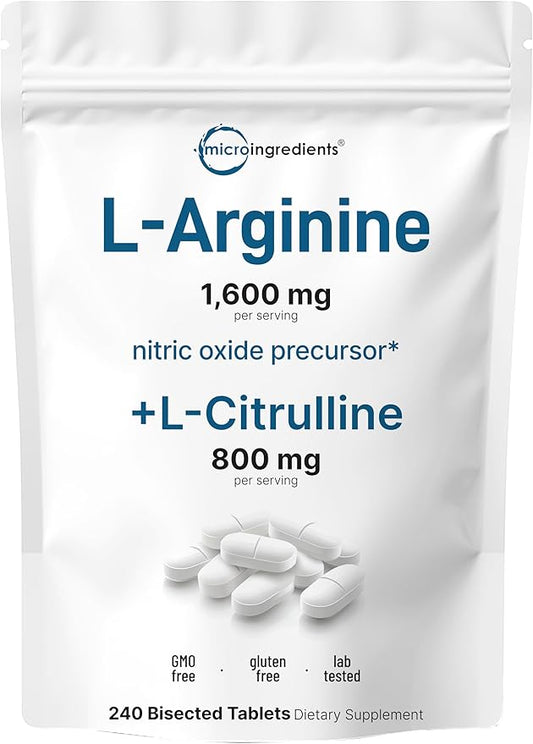 L-Arginine 1,600mg Nitric Oxide Supplement for Men with L-Citrulline, 240 Bisected Tablets | Nitric Oxide Precursor | Muscle, Energy, & Heart Support | Non-GMO, Gluten Free - 4 Month Supply