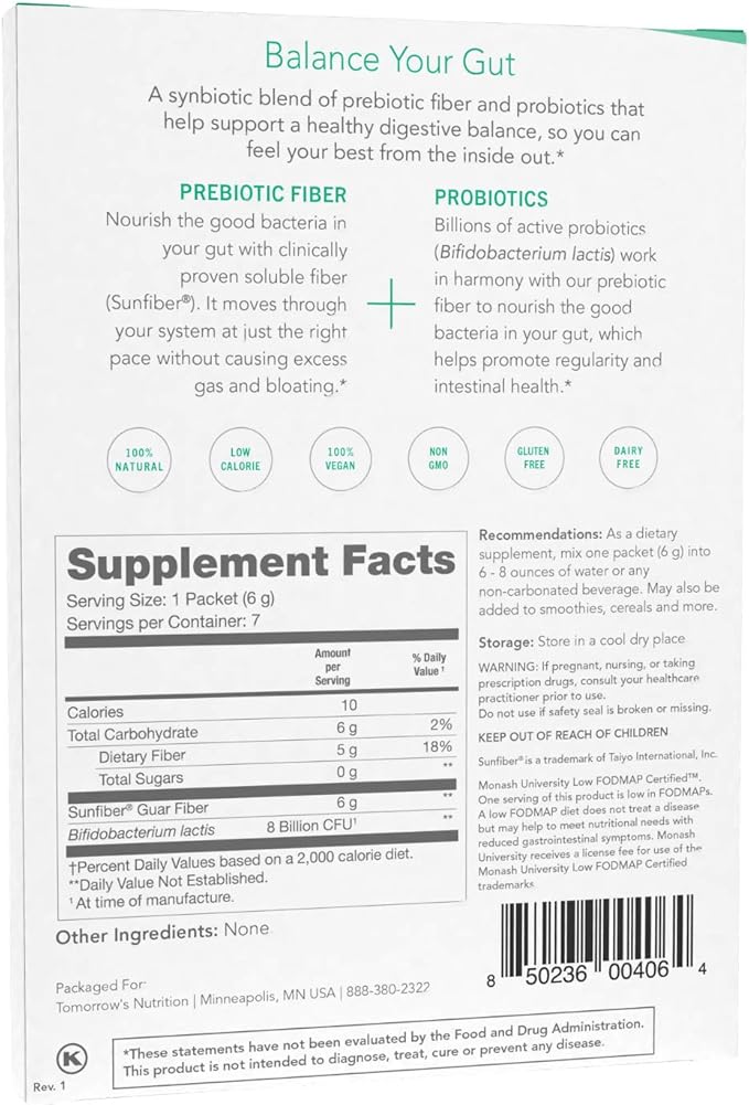 Tomorrow's Nutrition Sunfiber GI 7-Day Kit, Prebiotic Fiber & Probiotics, 5g Prebiotic Fiber & 8 Billion Probiotics Per Serving, Low FODMAP, 7 Packets, Unflavored