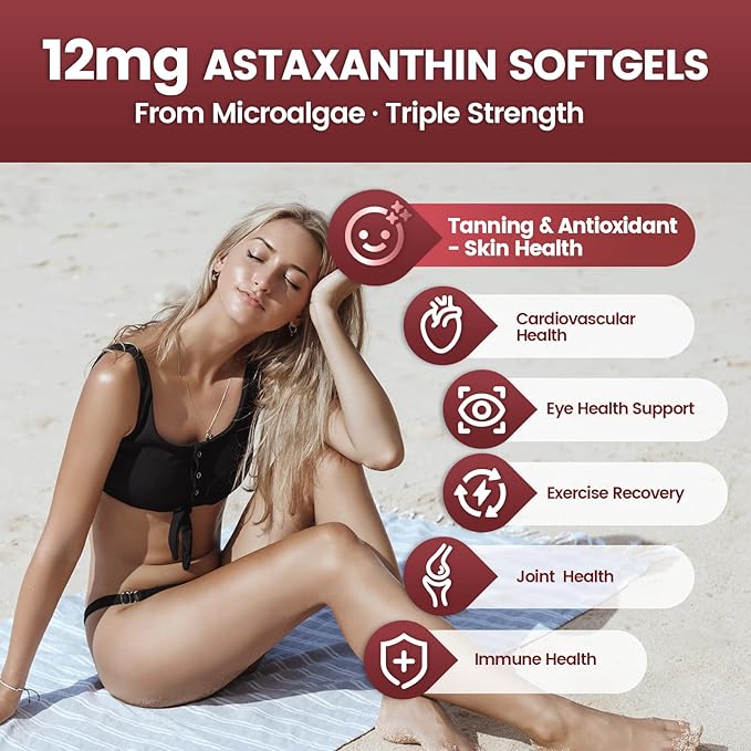Astaxanthin 12mg, 240 Softgels, Fresh Haematococcus Pluvialis 10 in 1 Astaxanthin Antioxidant Supplements, Contains Lycopene, Grape Seed, Vitamin E, & More Supports Eye, Joints, Skin Health, 1 Bag
