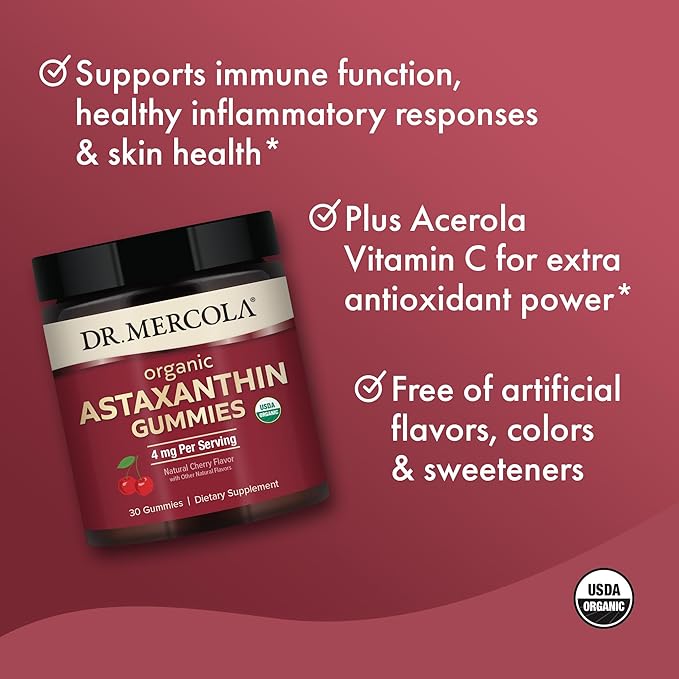 Dr. Mercola Organic Astaxanthin Gummies, 30 Servings (30 Gummies), 4 mg Per Serving, Dietary Supplement, Antioxidant and Immune Support, Certified Organic, Non-GMO