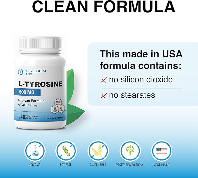 Puregen Labs L-Tyrosine 500 mg, 240 Vegetable Capsules | No Harmful Additives | Brain & Nervous System Support, Non-GMO, Vegan, Gluten Free, Dairy Free - 240 Servings - Made in USA