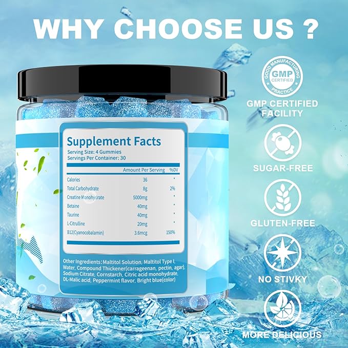 Mint Flavor Creatine Monohydrate Gummies for Men & Women,Contains L-Taurine + Vitamin B12, Betaine, L-Citrulline for Improve Exercise Endurance, Muscle Strength -120 Count