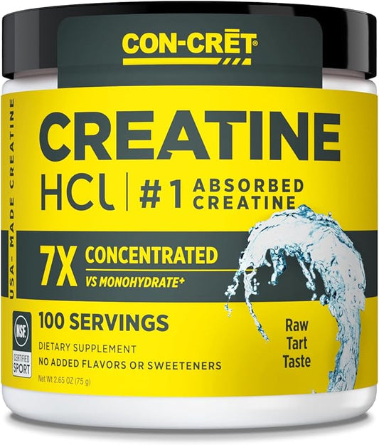 CON-CRET Creatine HCl Powder | Muscle, Cognitive, Cellular Energy Support | No Bloating or Cramps | USA Made & NSF Certified | Unflavored (100 Serving)