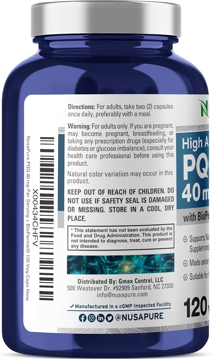 NusaPure PQQ Supplement 40 mg, 120 Veggie Capsules, Non-GMO, Pyrroloquinoline Quinone Disodium Salt, Bioperine