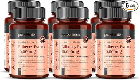 pureclinica Bilberry Extract 10,000mg x 1080 Tablets (6 Bottles of 180) - 10 X More anthocyanidins