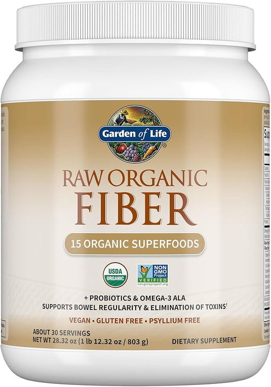 Garden of Life Raw Organic Fiber Powder, 30 Servings, 15 Organic Superfoods, Probiotics, Omega-3 ALA, 4g Soluble Fiber, 5g Insoluble for Regularity, Psyllium Husk Free