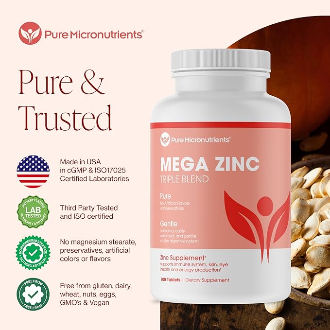 Mega Zinc Supplement, 50mg, 3-in-1 Zinc Complex, 100 Tablets - Pure Micronutrients