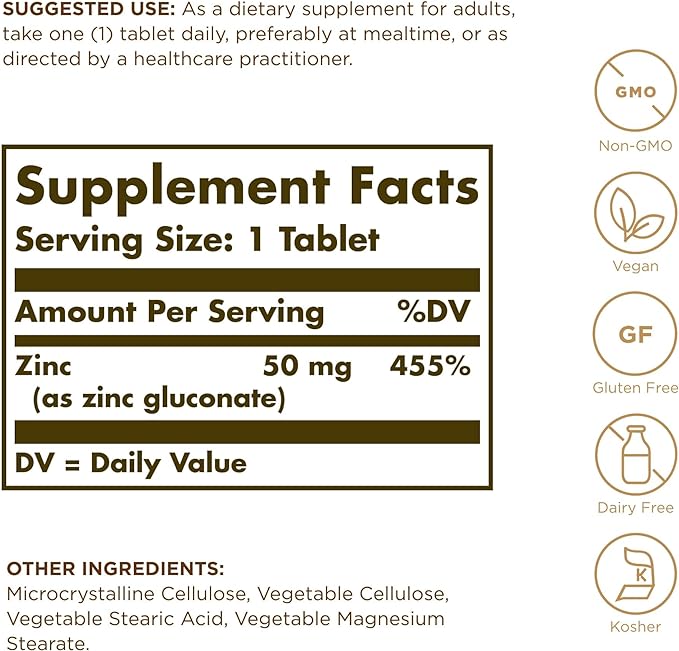 Solgar Zinc 50 mg, 100 Tablets - Zinc for Healthy Skin, Taste & Vision - Immune System & Antioxidant Support - Supports Cell Growth & DNA Formation - Non GMO, Vegan, Gluten Free - 100 Servings