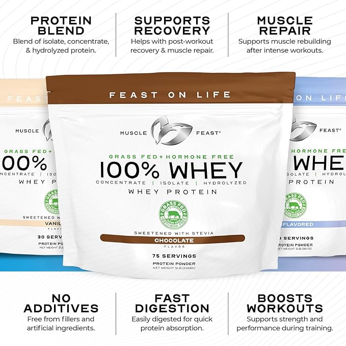 Muscle Feast 100% Grass Fed Whey Protein Powder, All Natural, Hormone Free Paure Raised Whey Protein Powder for Women & Men - Whey Concentrate, Isolate & Hydrolyzed Protein Powder Blend - Vanilla, 2lb
