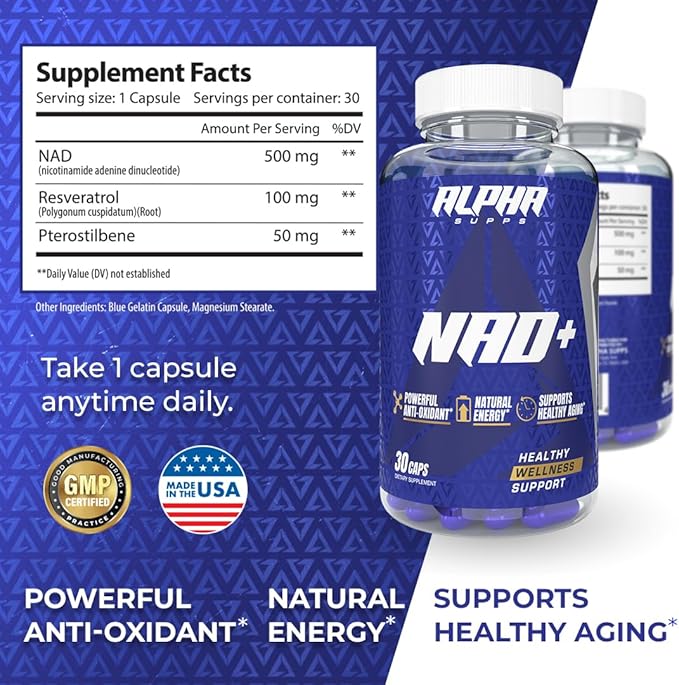 NAD+ Resveratrol Supplement - Advanced NAD Plus Antioxidant Formula - Supports Cellular Vitality, Healthy Aging, Energy & Longevity - Ideal for Men & Women - 30 Capsules