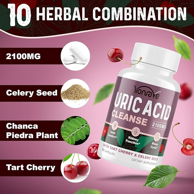 Uric Acid Cleanse & Detox - Tart Cherry Capsules, Celery Seed Uric Acid Supplement – Kidney, Joint and Sleep – 90 Veggie Capsules（1 Bottle）