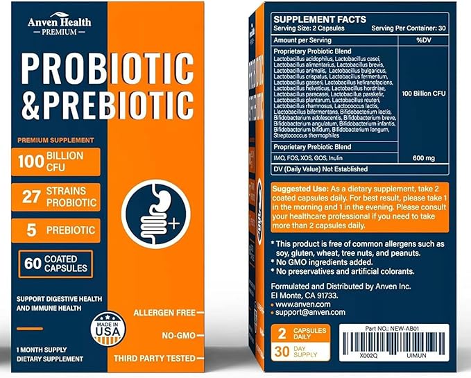 100 Billion Probiotics for Men and Women 27 Strains 5 Organic Prebiotics for Gut Digestive & Immune Health, Supports Diarrhea Gas Bloating, Non-GMO, Zero Fillers – Made in USA丨180 Caps