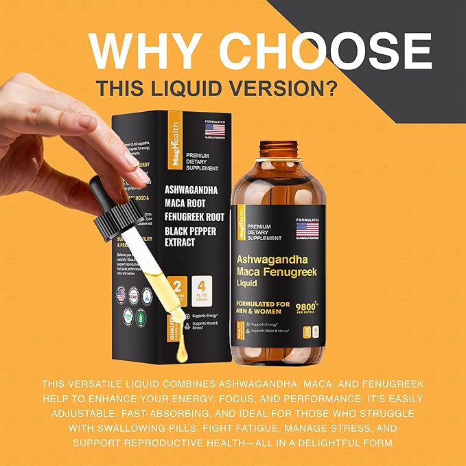 Maca Root Liquid Drops with Ashwagandha and Fenugreek - 60 Day Servings - Focus, Energy and Performance - Liquid Multivitamin for Women and Men - Adapto Drive, Vegan Drops