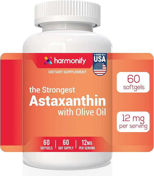 Astaxanthin 12mg, Vegan Supplement with Olive Oil, Microalgae-Based, 60 Softgels