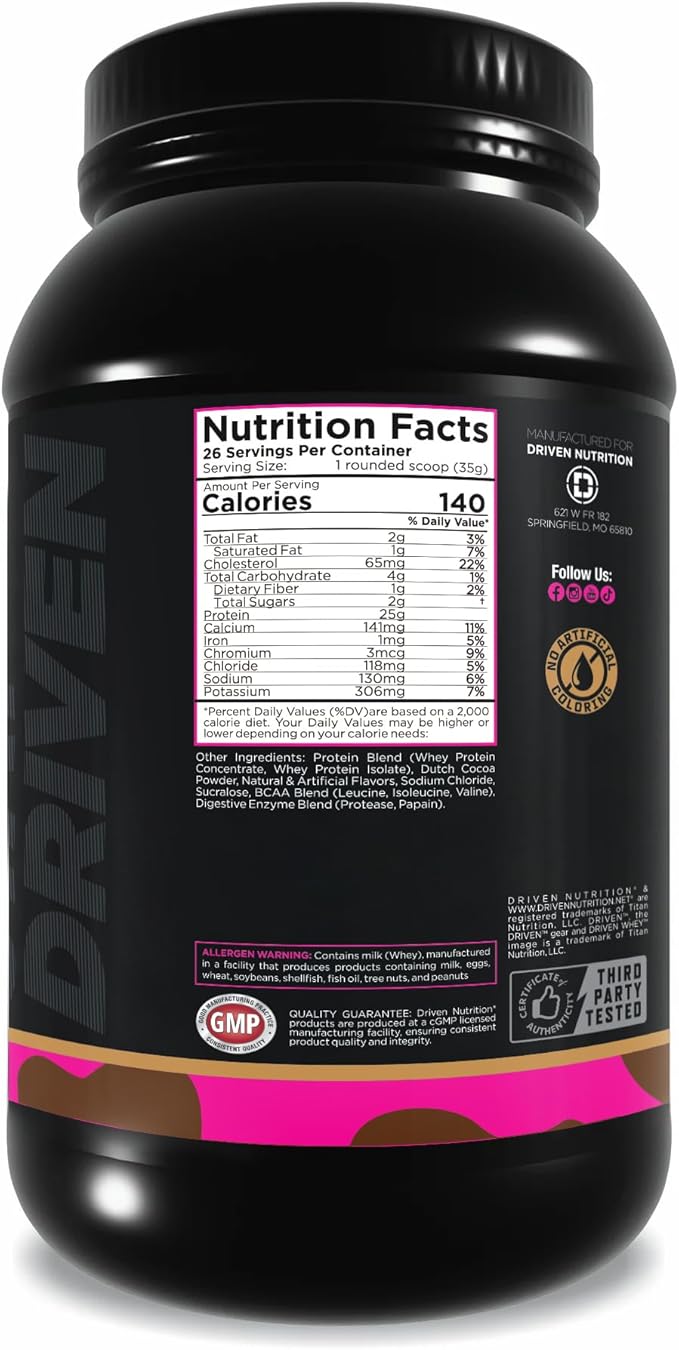 Driven WHEY- Whey Protein Powder: Delicious, Clean Protein Shake- Improve Muscle Recovery with 23 Grams of Protein with Added BCAA and Digestive Enzymes (2lb, Chocolate Peanut Butter)