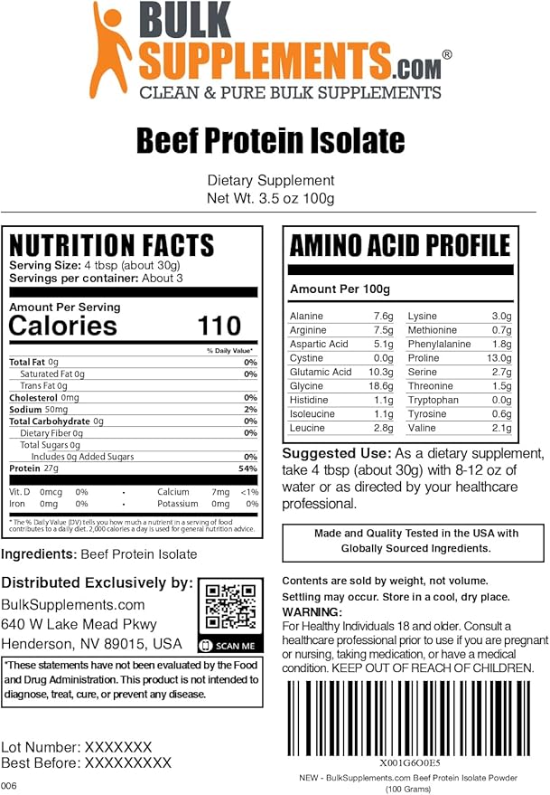 BulkSupplements.com Beef Protein Isolate Powder - Lactose Free Protein Powder, Beef Protein Powder - Unflavored & Gluten Free, 30g per Serving, 100g (3.5 oz) (Pack of 1)