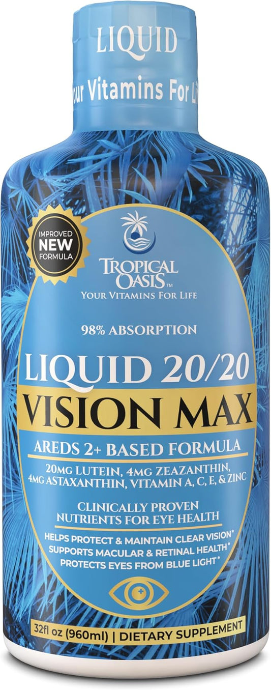Liquid 20/20 Vision - Eye Vitamin Formula w/20mg Lutein, 4mg Zeaxanthin, 4mg Astaxanthin for Vision Support –Max Absorption- Great Taste & No Pills to Swallow– 32 Serv, 32oz