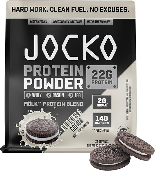 Jocko Fuel Mölk Whey Protein Powder - Keto, Probiotics, Digestive Enzymes, Amino Acids, Low Sugar Monk Fruit Blend - Supports Muscle Recovery & Growth (2.5 LB, Cookies & Cream)