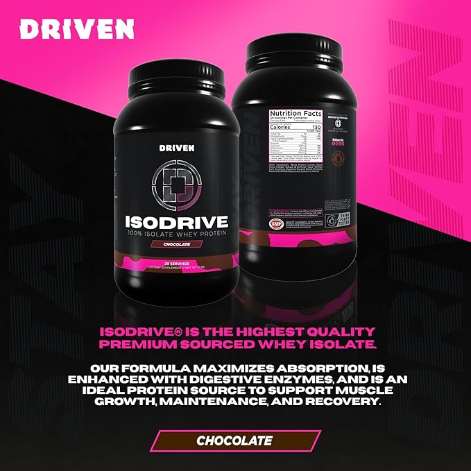 Driven Nutrition IsoDrive Whey Isolate Protein Powder 2lb (Chocolate) – 25g Protein, Enzyme Enhanced for Absorption, Ultra Clean