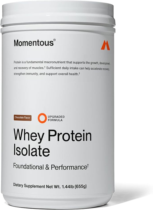 Momentous Essential Grass-Fed Whey Protein Isolate, 24 Servings Per Pouch for Essential Everyday Use, Gluten-Free, NSF Certified (Chocolate)