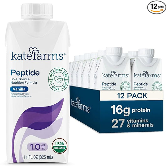 KATE FARMS Organic Adult Peptide 1.0 Formula, Vanilla, Sole-Source, Hydrolyzed Plant-Based Nutrition for Oral or Tube Feeding, 11 Fl oz (12 Pack)