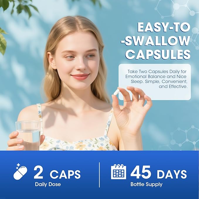 GABA Supplements 750mg with L Theanine, 5HTP, Ashwagandha, Lemon Balm, Ginkgo Biloba, Omega-3, 10 in 1 GABA Calm Capsules for Sleep, Relaxation, Focus, Mood Support, Cortisol Balance - 2 Pack