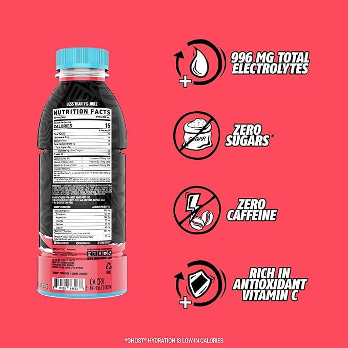GHOST Hydration Drink, Kiwi Strawberry- RTD Sports Drink with Electrolytes, Natural Vitamins & Minerals - All Day Lifestyle Hydration Beverage - Zero Caffeine & Zero Sugars - 16.9 Fl Oz, 12 Pack