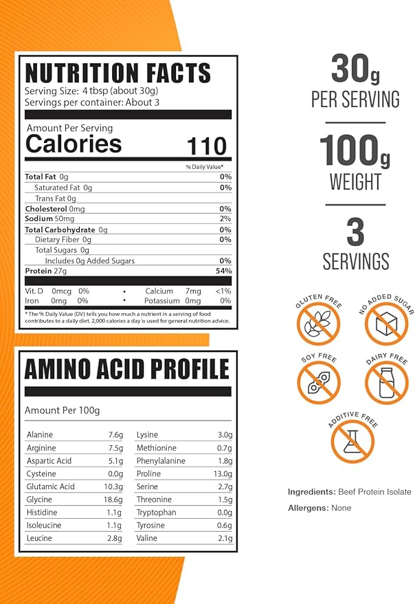 BulkSupplements.com Beef Protein Isolate Powder - Lactose Free Protein Powder, Beef Protein Powder - Unflavored & Gluten Free, 30g per Serving, 100g (3.5 oz) (Pack of 1)