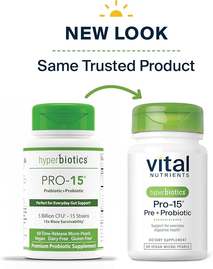 Hyperbiotics Vital Nutrients Pro-15 Prebiotics and Probiotics for Women and Men | 15 Science Backed Strains | Supports Occasional Constipation, Diarrhea, Gas & Bloating | 60 Vegan Time Release Pearls