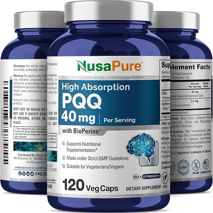 NusaPure PQQ Supplement 40 mg, 120 Veggie Capsules, Non-GMO, Pyrroloquinoline Quinone Disodium Salt, Bioperine